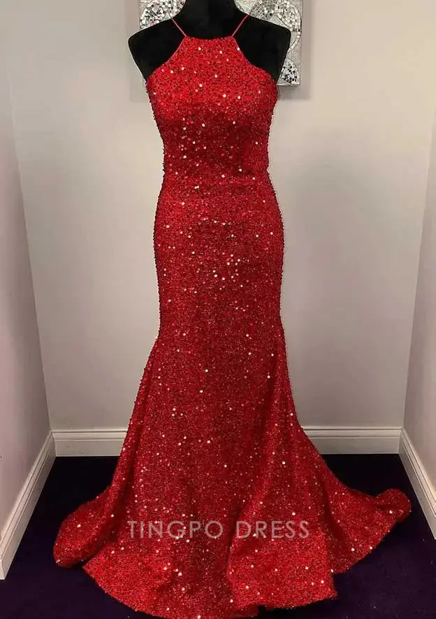 TingPo Wholesale Elegant Trumpet/Mermaid Halter Sleeveless Sweep Train Velvet Sequins Prom Dress
